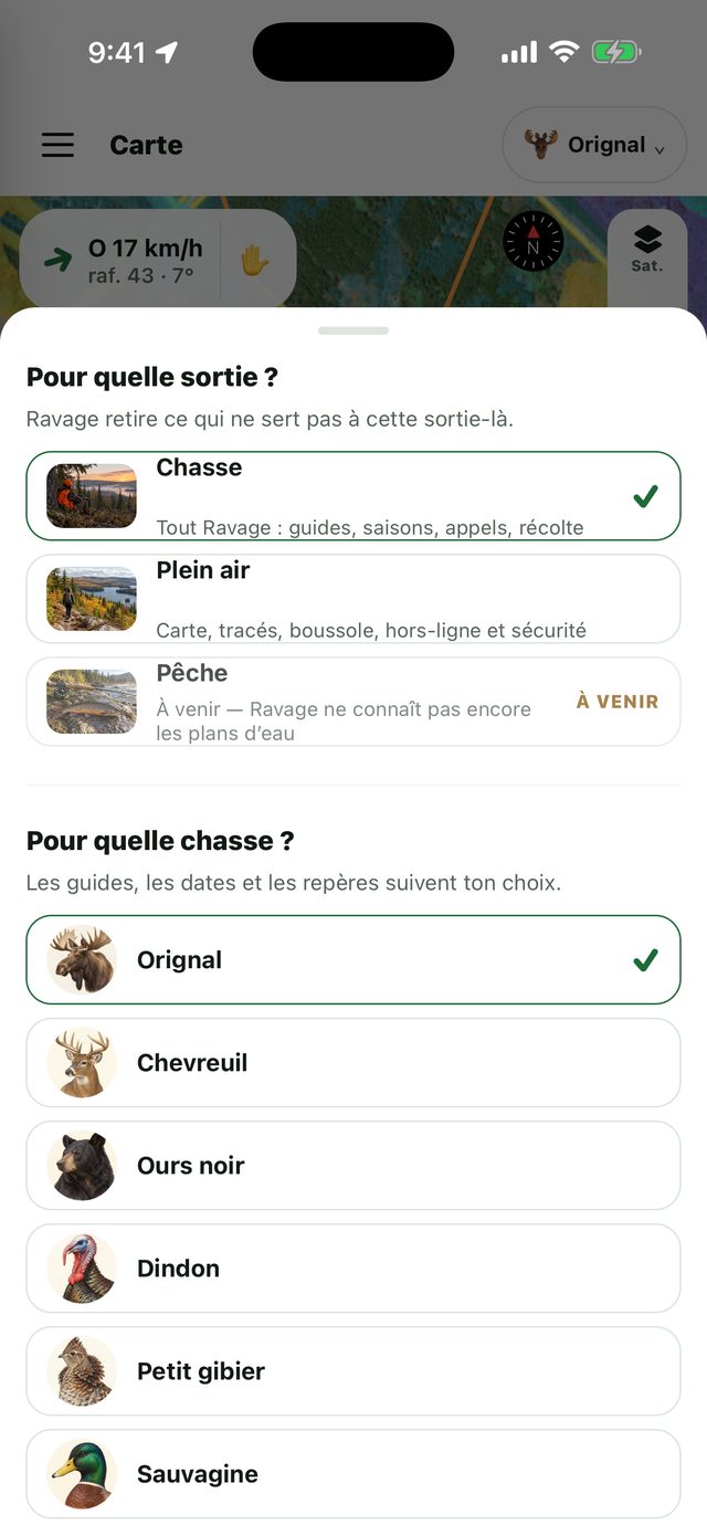 Choix de la sortie et de l’espèce